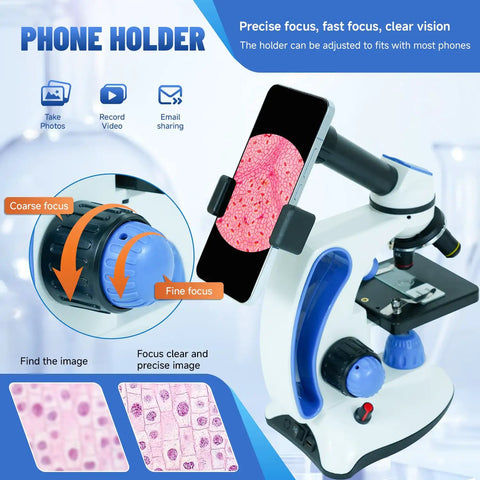 Kids Microscope Kit With 40X To 2000X Magnification, 3 Eyepieces, LED Illumination, phone adapter installed with slide view