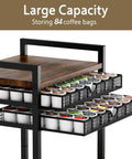 Rustic Brown Four Tier Coffee Cart With Smooth Locking Casters And Deep Pod Tray, storing 84 coffee pods and easy access drawers.