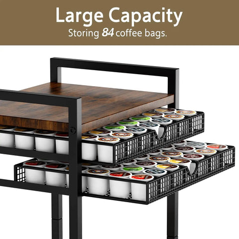 Rustic Brown Four Tier Coffee Cart With Smooth Locking Casters And Deep Pod Tray, storing 84 coffee pods and easy access drawers.