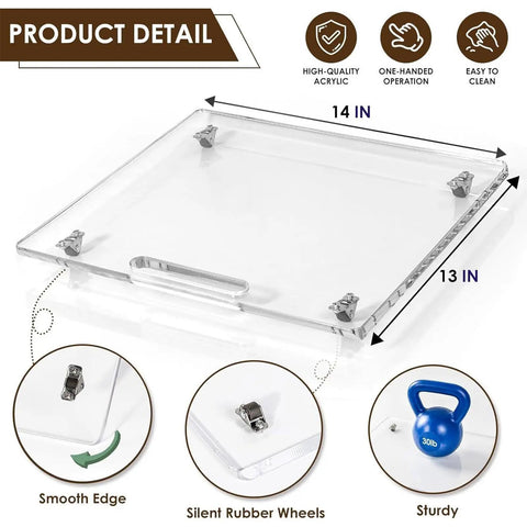 Slick Kitchen Appliance Roller Base Tray With Quiet Rubber Wheels And Heavy Duty Pull Handle For No Sweat Countertop Glide And Ultimate Morning Routine Revamp, clear acrylic, 14x13 inches, smooth edge design.