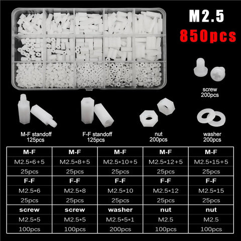 Four Box White Nylon Insulated M2.5 M3 M4 Hex Standoff Spacers Set With Screws Nuts Washers 850 Pcs Value Pack For Electronics And DIY Projects Easy To Use, M2.5 organizer tray