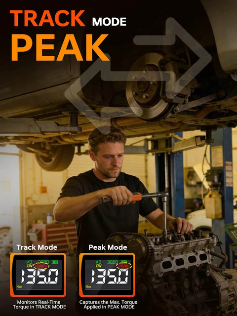 Mechanic using digital torque wrench 3/8 drive with 5-99.5 ft-lb range, 6.7-135 Nm, 1% accuracy, electric LCD readout in auto repair workshop.