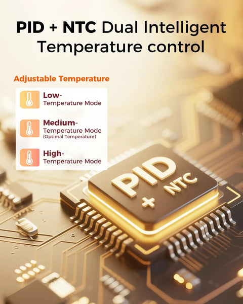 PID + NTC chip on circuit board, illustrating temperature control modes for 58mm Dual Boiler Espresso Machine Workhorse With Quick Milk Frothing PID NTC Temp Control 20 Bar ULKA Pump Stainless Steel Semi Automatic Coffee Maker For Home Baristas And Coffee Lovers Gift.