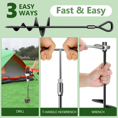 Rock Solid Legit Heavy Duty 18 Inch Ground Anchors Screw In Earth Stakes With T Handle Wrench for easy drilling and securing.