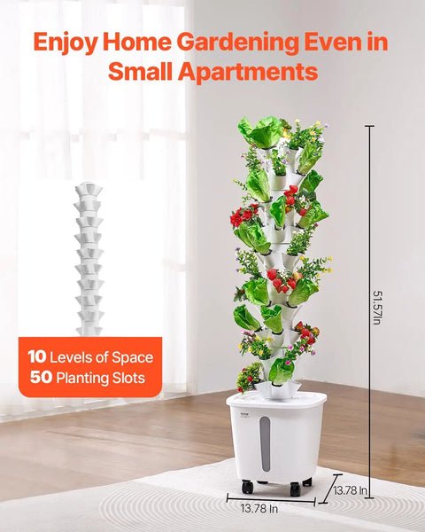 Space Saving 50 Pod Vertical Hydroponic Tower With 10 Tiers Rolling Indoor Garden On Wheels with Water Pump on wooden floor