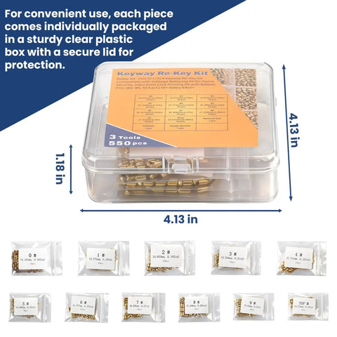 SC1 SC4 Rekey Kit For Lock Cores 500 Piece Pack in clear box with labeled pin bags, tools, and dimensions shown.