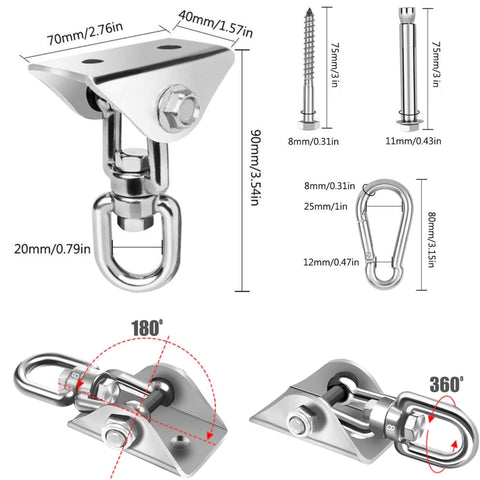 Heavy Duty 360 Degree Swing Hanger Kit For Wooden And Concrete Sets 304 Stainless Steel 1000 Pound Capacity 2 Pack Rotating Hammock Hanging Hardware For Porch Playground And More with dimensions and rotation illustration
