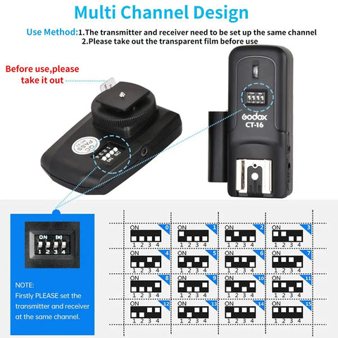 CT-16 Wireless Radio Flash Trigger Kit multi-channel design for Canon Nikon Pentax DSLRs, 433MHz transmitter and receiver