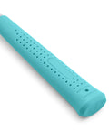 Close-up of the turquoise handle of the 8 Oz Claw Hammer With Shock Reduction And Non Slip Grip Turquoise Handle For Home And Professional Use Durable Steel Construction Flat Head With Nail Puller And Prying Claw Comfort Grip That Reduces Vibration For Less Fatigue, showing non-slip grip detail.