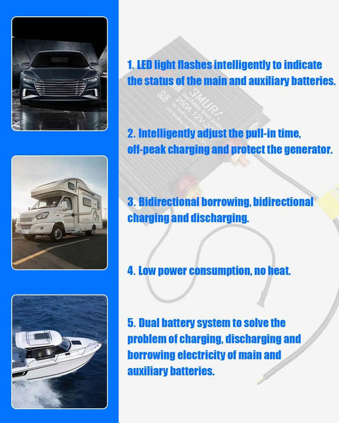 Features of Dual Battery Isolator Kit For 12V/24V Systems With VSR in car, RV, and boat applications, highlighting key benefits.