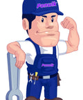 Cartoon mechanic holding a wrench, wearing a cap and overalls labeled Ponulk, flexing bicep, symbolizes strength and service.