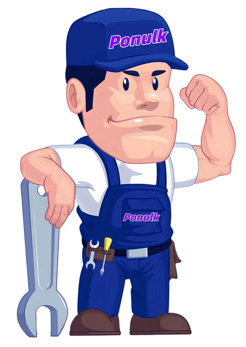 Cartoon mechanic holding a wrench, wearing a cap and overalls labeled Ponulk, flexing bicep, symbolizes strength and service.