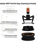 Hella Smooth 58mm Wdt Distribution Tool For Espresso Bars Featuring Ten Adjustable Needles Walnut Grip Dosing Funnel And Stand with cleaning brush holder.