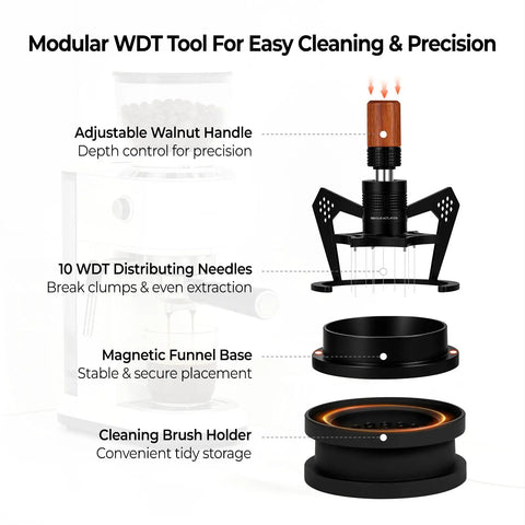 Hella Smooth 58mm Wdt Distribution Tool For Espresso Bars Featuring Ten Adjustable Needles Walnut Grip Dosing Funnel And Stand with cleaning brush holder.