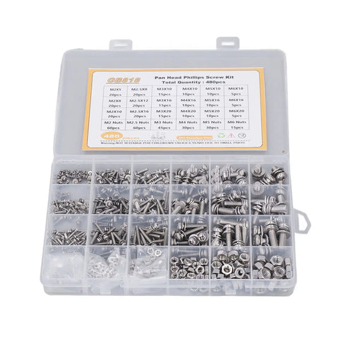 304 Stainless Steel Screw Nut Washer Kit, 480 Piece Heavy Duty Household Repair Set For Indoor Outdoor DIY Projects, Rust Resistant Long Lasting Fasteners in organizer box