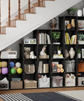 Portable 25-Cube Storage Organizer With 14x14 Inch Cubes, Heavy-Duty Metal Panel Shelving, Sturdy Clothes Organizer And Cube Shelf under stairs