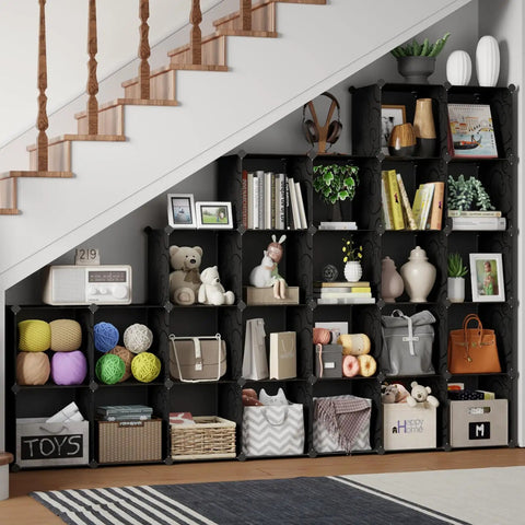 Portable 25-Cube Storage Organizer With 14x14 Inch Cubes, Heavy-Duty Metal Panel Shelving, Sturdy Clothes Organizer And Cube Shelf under stairs
