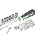 Beefy 64 Piece One Quarter Inch Drive Socket Set With Deep And Shallow Six Point Sockets, Ratchet Extensions Visible