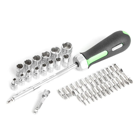 Beefy 64 Piece One Quarter Inch Drive Socket Set With Deep And Shallow Six Point Sockets, Ratchet Extensions Visible
