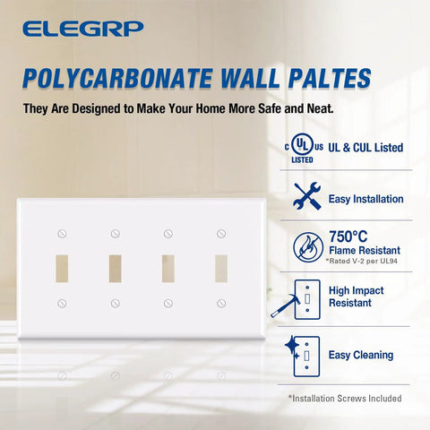 4 Gang Toggle Switch Wall Plate Mid Size Tough As Nails Built To Last Unbreakable Polycarbonate Gloss White Finish UL Listed