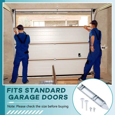 Two technicians installing a garage door featuring the Garage Door Hinges And Rollers Replacement Kit, with hardware shown.