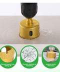 Diamond Hole Saw Kit With 10 Brazed Diamond Core Bits And Double Suction Cup Guide drilling into tile with water cooling