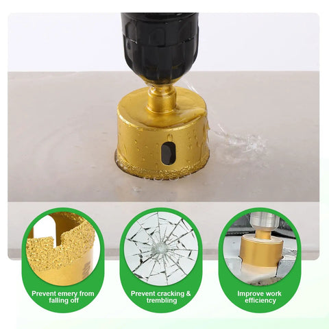 Diamond Hole Saw Kit With 10 Brazed Diamond Core Bits And Double Suction Cup Guide drilling into tile with water cooling