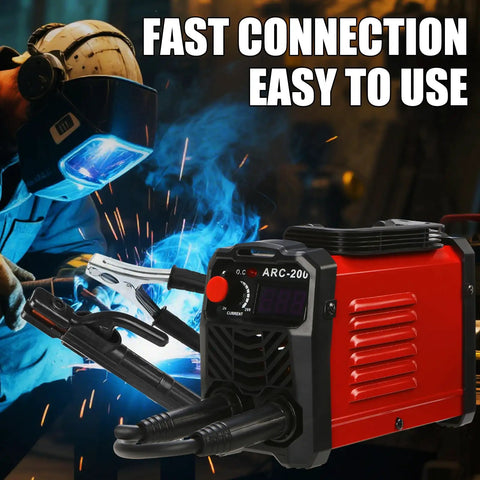 Portable 200A Arc Welder For Home And Workshop, 110V IGBT Inverter with digital display in a welding setup scene