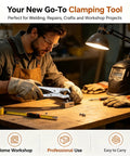 Heavy Duty Parrot Nose Locking Pliers For Welding Grip Clamping Pipes And Bolts With Adjustable Serrated Jaws For Vehicle Body Repair And Shop Maintenance Hand Tool Workhorse in use on workbench.
