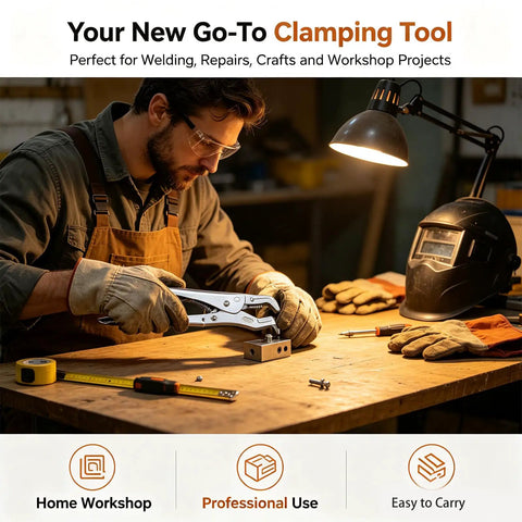 Heavy Duty Parrot Nose Locking Pliers For Welding Grip Clamping Pipes And Bolts With Adjustable Serrated Jaws For Vehicle Body Repair And Shop Maintenance Hand Tool Workhorse in use on workbench.