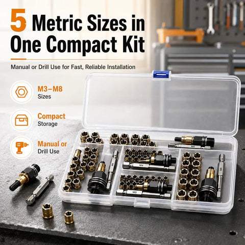 Zero Hassle Carbon Steel Rivet Nut Tool Set Loaded With M3 Through M8 Metric Heads in compact storage for manual or drill use.