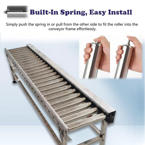 Set Of 10 Heavy Duty Conveyor Belt Rollers For Industrial Use With Lengths From 4 To 39 Inches And Diameters Of 1, 1.5, And 2 Inches Replacement Rollers For Smooth Movement And Easy Factory Maintenance shown on conveyor frame