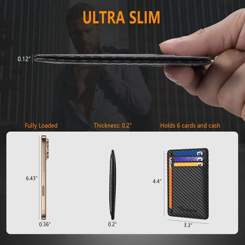 Side view of Front Pocket Minimalist Leather Wallet With RFID Blocking Carbon Fiber Texture Ultra Slim 0.12 Inch Thick Black Card Holder