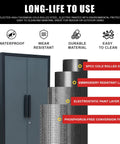Tough As Nails 16 Piece Metal Garage Cabinet Collection highlighting waterproof and durable SPCC cold rolled steel material.