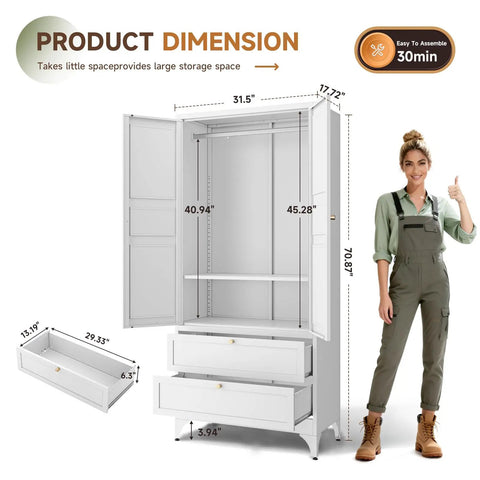 Built To Last Steel Armoire Wardrobe Closet With Doors Shelves And Hanging Rod 18 Inch Deep Metal Closet With Two Drawers Moisture Proof