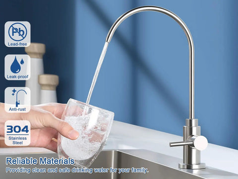 Top Tier Stainless Steel Reverse Osmosis Faucet With High Arc Swivel Spout And Single Handle For Kitchen Sink Bar Or Rv Drinking Water Filter Setup Sweet Smooth Flow pouring water into a glass.