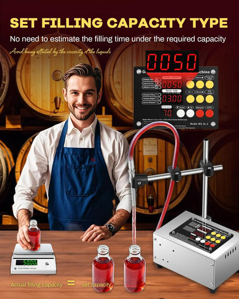 Pro Grade Liquid Filling Machine 1 To 100 Oz Bottle Filler With Foot Pedal Diaphragm Pump Digital Conveyor Belt Control display in use.