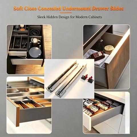 Top Shelf Soft Close Undermount Drawer Slides With Full Extension Runners For Kitchen Cabinets Smooth As Butter Glide kit components and installed drawers