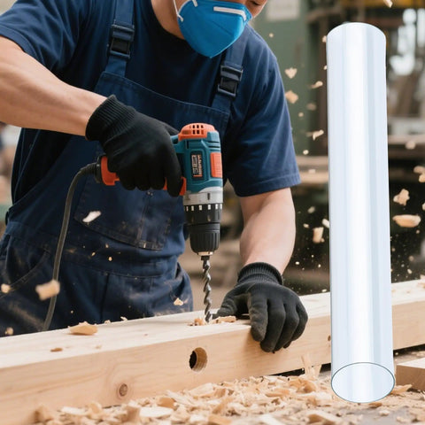 Worker using power drill with clear rigid plastic dust collection tubing set 4 pieces 2.5 in diameter by 36 in length nearby