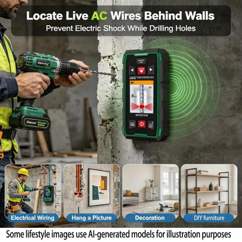 Straight Up Heavy Duty Wall Scanner And Dead On Stud Finder With Built In 120 Meter Laser Tape Measure For Spotting Wood Metal Ac Wiring Plus Rebar Zero Hassle Setup Fast Rechargeable Battery And Sharp Color Display locating live AC wires while drilling