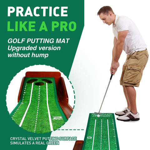 Man using Premium Indoor Golf Putting Mat With Auto Ball Return For Home Office And Outdoors, Realistic Rolling Speed, No Hump Rubber