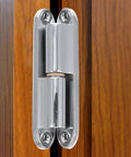 Heavy Duty Screw On Door Hinges For Internal Cabinets And Electrical Control Boxes, zinc alloy hinge on wood door, close-up view