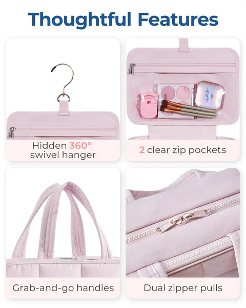Travel Toiletry Bag With Jewelry Organizer Hanging Cosmetic Case For Jewelry And Essentials Pink L close-up compartments