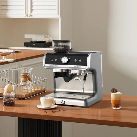 Professional Espresso Machine With Built In Grinder And Auto Milk Frother on kitchen counter with coffee cup and grinder.