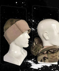 Side view of mannequin wearing Camo Military Balaclava For Winter Outdoor Gear Cozy Warm Plush Face Mask Ski Mask with camo pattern.