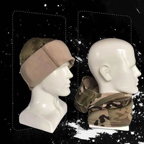 Side view of mannequin wearing Camo Military Balaclava For Winter Outdoor Gear Cozy Warm Plush Face Mask Ski Mask with camo pattern.