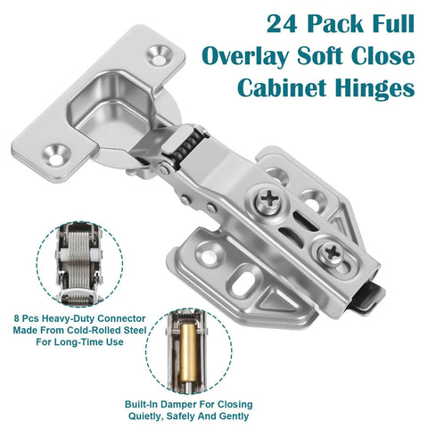 Soft Close Cabinet Hinges 24 Pack Full Overlay 105 Degree Concealed Hinges With Clip On Plates visible in product image.