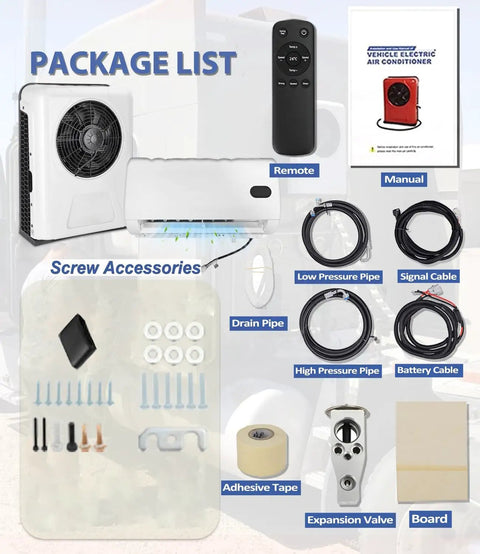12V 9500BTU Mini Split Truck Air Conditioner package contents including accessories and manual