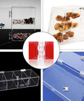 Sixteen Pack Clear Acrylic Self Adhesive Hinges 35X25 Millimeter Invisible Glass Door Mounts for DIY projects with clear boxes.