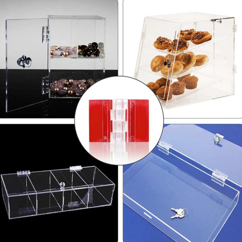 Sixteen Pack Clear Acrylic Self Adhesive Hinges 35X25 Millimeter Invisible Glass Door Mounts for DIY projects with clear boxes.